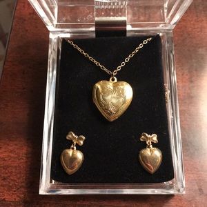 Gold Heart Locket Necklace & Earrings with Box